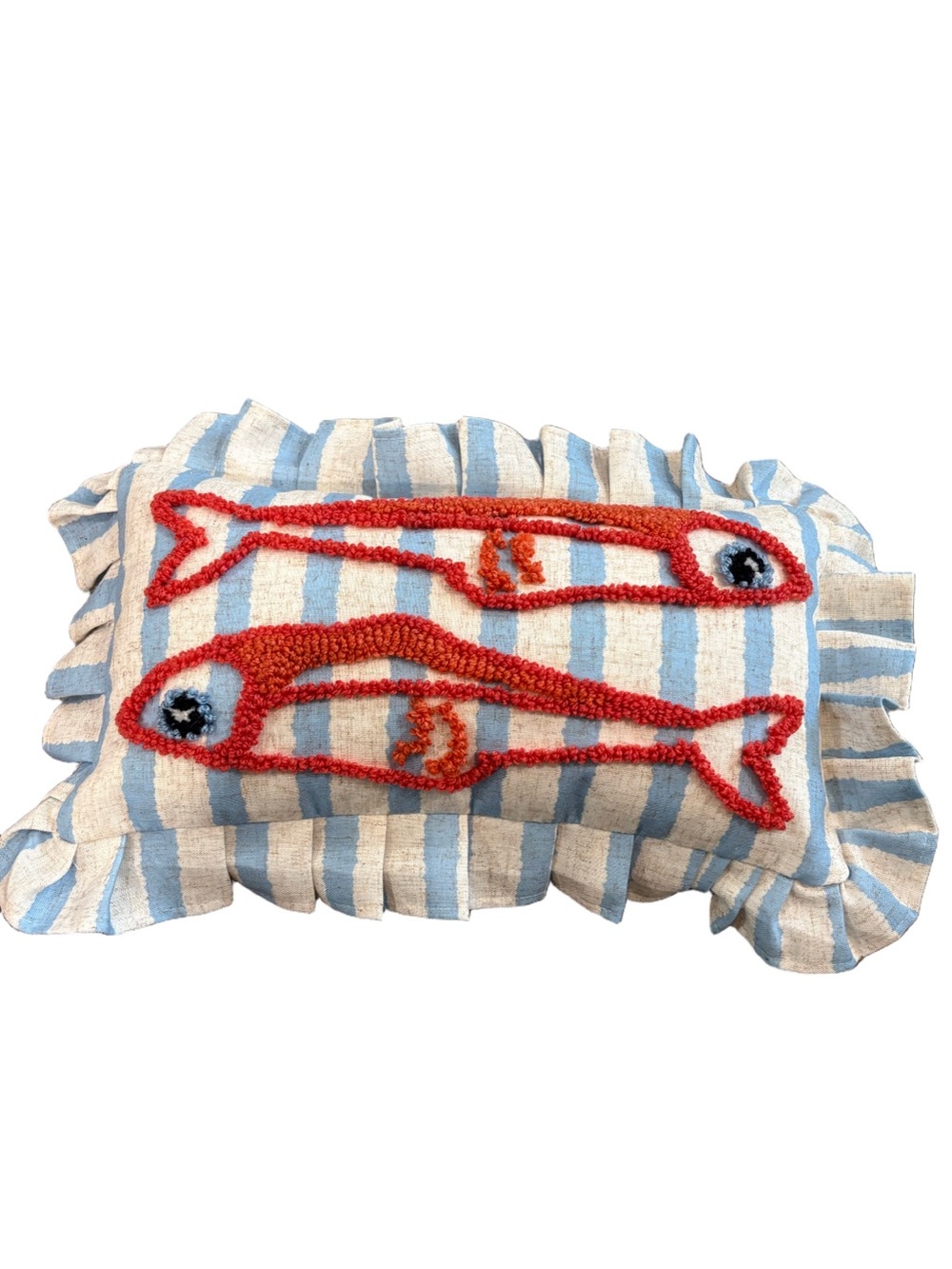 Blue and cream striped Accent Pillow with stitched Fish Design. Linen blend